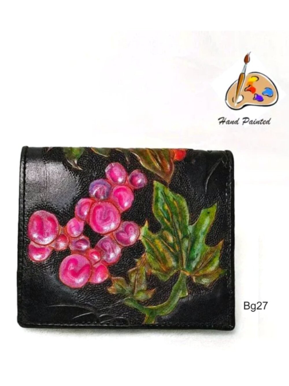 Hand Painted Wallet Red Motif Black Genuine Leather Coin Purse Bifold Cardholder